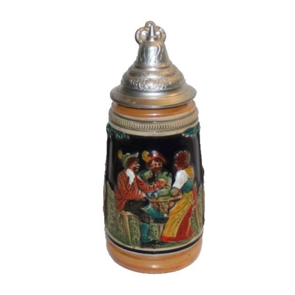 Vintage German Beer Stein Ceramic Pewter Lid Hand Painted Tavern Scene 7"